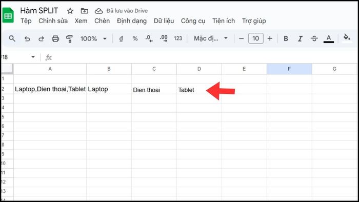 Hướng dẫn tách dữ liệu theo dấu phẩy bằng hàm SPLIT trong Google Sheets - Bước 3